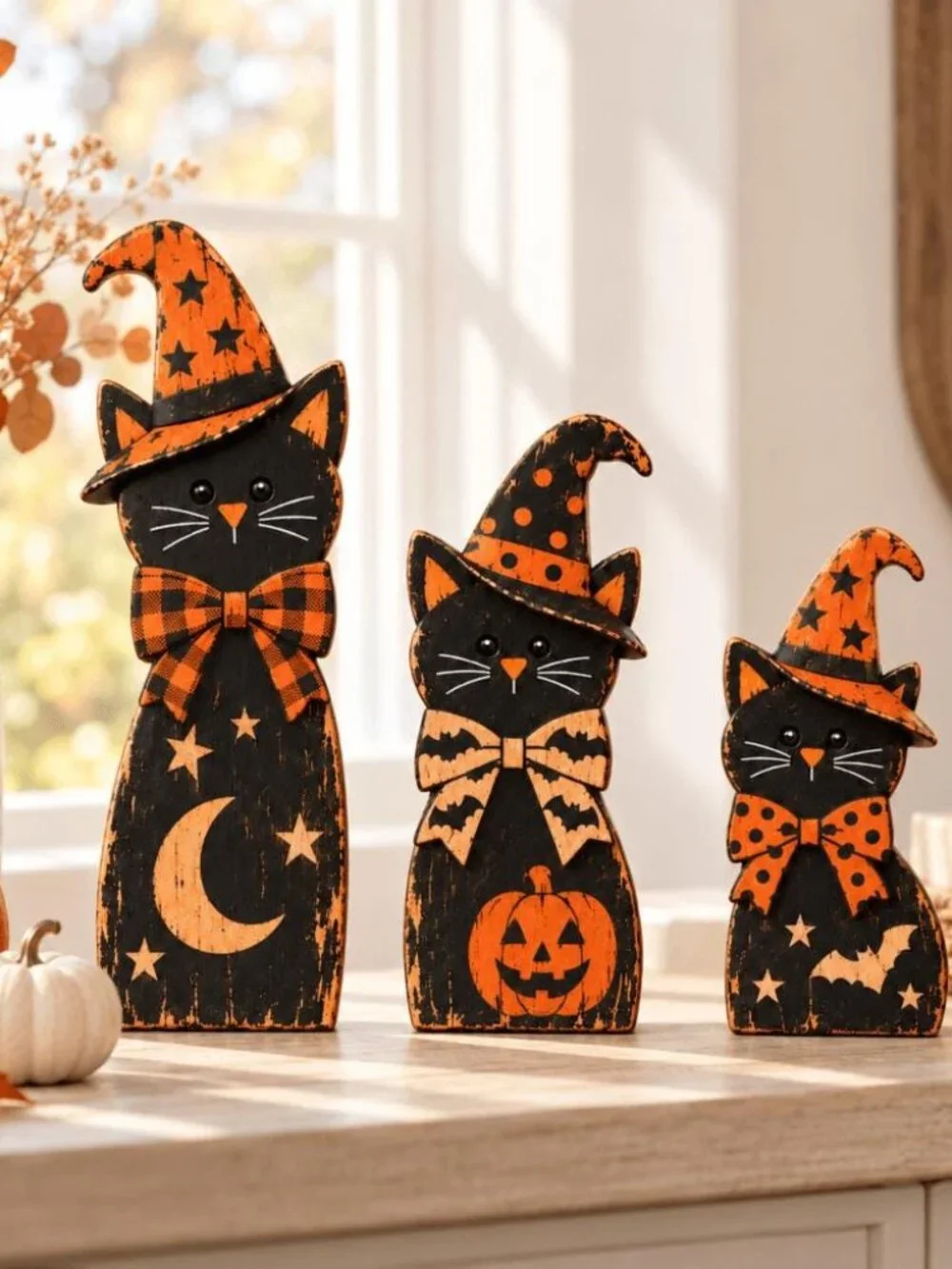 2D Halloween Cat Wooden Blocks, 3ps Wooden Halloween Tiered Tray Decor